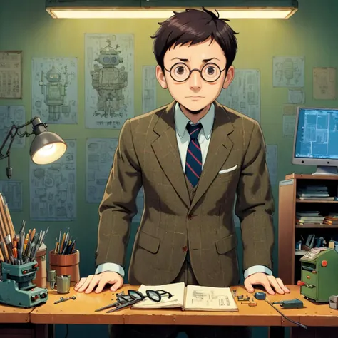 studio ghibli, tall, irish, young man, wearing a well worn tweed suit, detailed faces, glasses with thick lenses, desk, worklight, inventor,  very long arms and legs, workbench, hunched over, eccentric tools, gizmos, tinkering, small toy, stylized anime ar...