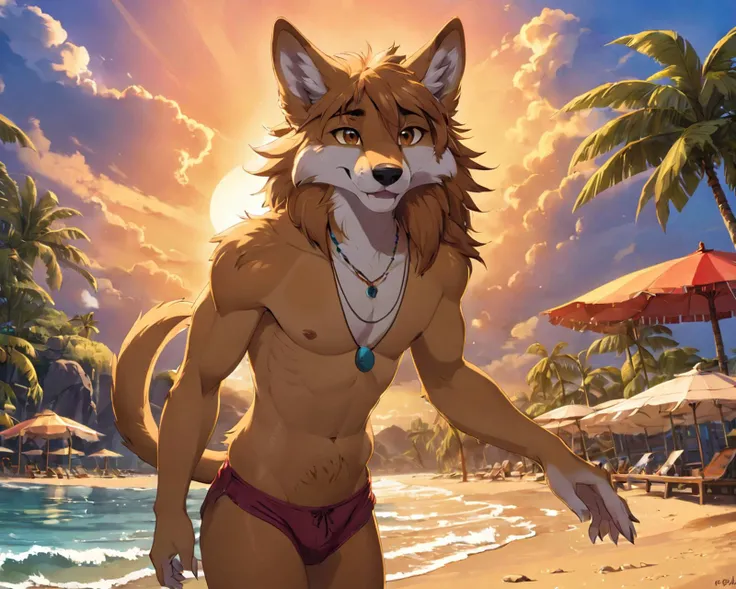 Cinematic anime artwork, full body, (fluffy anthro furry, Dingo, solo, detailed face, remarkable eyes), ripped, flat chest, beachwear, singing, good hands, digital painting, masterpiece, subsurface scattering, soft lighting, best quality, detailed, smooth ...