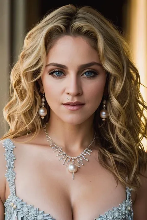 <lora:m4d0nn4:0.9>, a Realistic photo of m4d0nn4 woman, long hair, breasts, looking at viewer, blue eyes, blonde hair, cleavage, jewelry, medium breasts, upper body, earrings, parted lips, teeth, necklace, lips, wavy hair, realistic, pearl necklace, soft l...