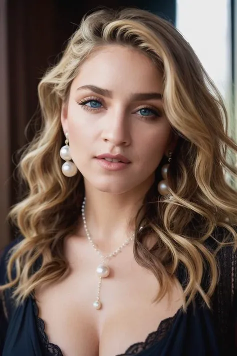 <lora:m4d0nn4:0.9>, a Realistic photo of m4d0nn4 woman, long hair, breasts, looking at viewer, blue eyes, blonde hair, cleavage, jewelry, medium breasts, upper body, earrings, parted lips, teeth, necklace, lips, wavy hair, realistic, pearl necklace, soft l...