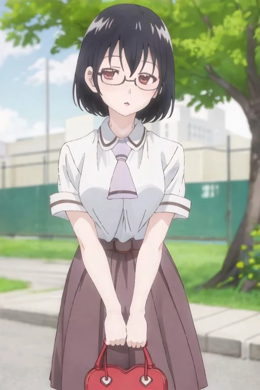 best quality, masterpiece, highres, solo, {kasumi_nomura_asobiasobase:1.15}, black_hair, glasses, short_hair, necktie, brown_eyes, 1girl, blurry, chain-link_fence, fence, outdoors, school_uniform, shirt, looking_at_viewer, white_shirt, tree, blurry_backgro...