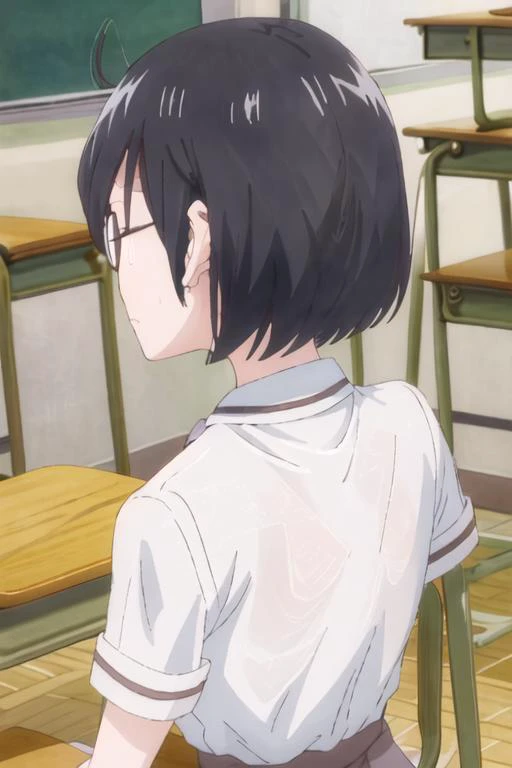 best quality, masterpiece, highres, solo, {kasumi_nomura_asobiasobase:1.15}, black_hair, glasses, short_hair, necktie, brown_eyes, 1girl, desk, indoors, school_desk, school_uniform, shirt, short_sleeves, sitting, white_shirt, chair, classroom, from_behind