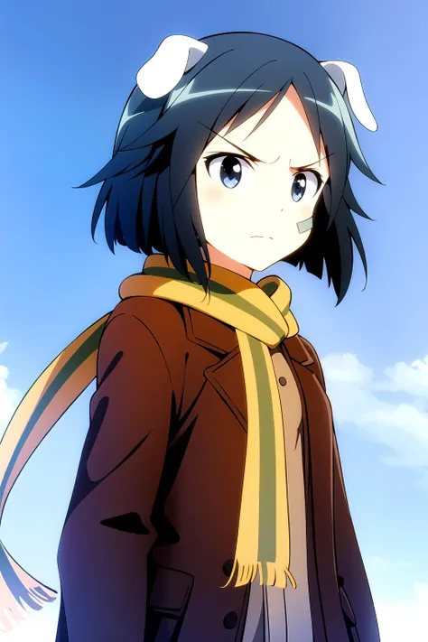 1girl, kanno, frown, military uniform, animal ears, scarf, blue sky