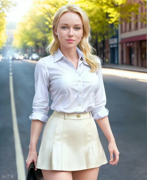 a photo of a (na0mi-watts-t2), standing on a street, sunlight, soft light, (blouse), (skirt), ((knee high boots)) medium breasts, open smile, (beautiful face), (blonde hair), (8k, RAW photo, highest quality, best quality, masterpiece, ultra-detailed, hires...