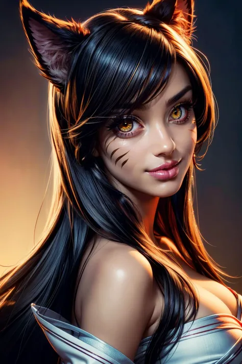 a woman with long black hair and cat ears is posing