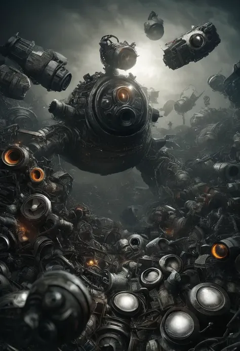 a poster of a giant robot surrounded by lots of other things