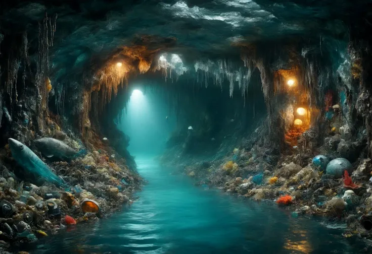 a close up of a cave with a stream of water