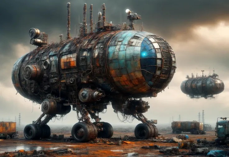 there is a large steam powered ship on a dirt field