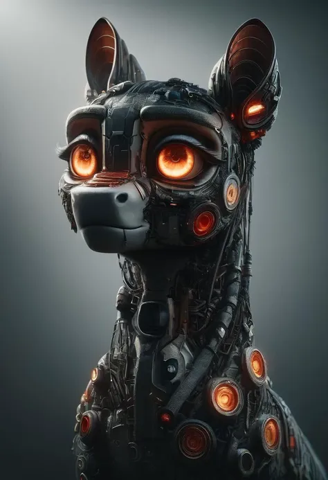 a close up of a robot dog with glowing eyes