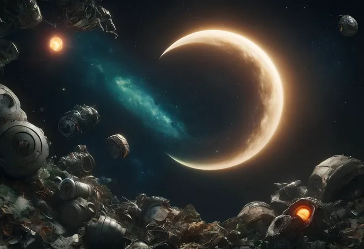 a group of space ships floating in the sky next to a crescent