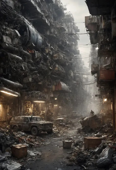 a view of a street with a lot of junk and cars