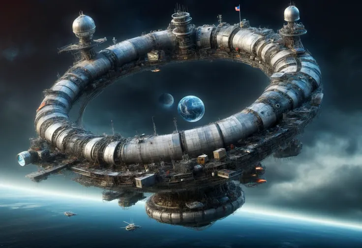 a close up of a futuristic space station with a planet in the background