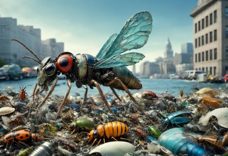 there is a large insect that is sitting on a pile of garbage