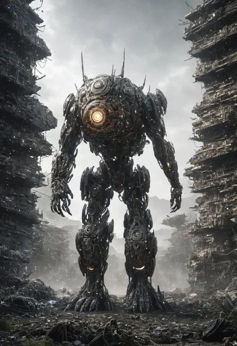 a robot standing in a rocky area with a sky background