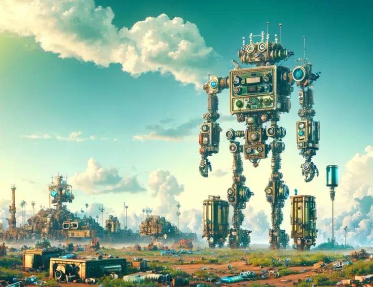 a close up of a robot standing in a field with a sky background