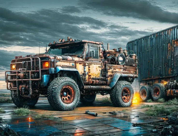 there is a large truck that is parked in the rain