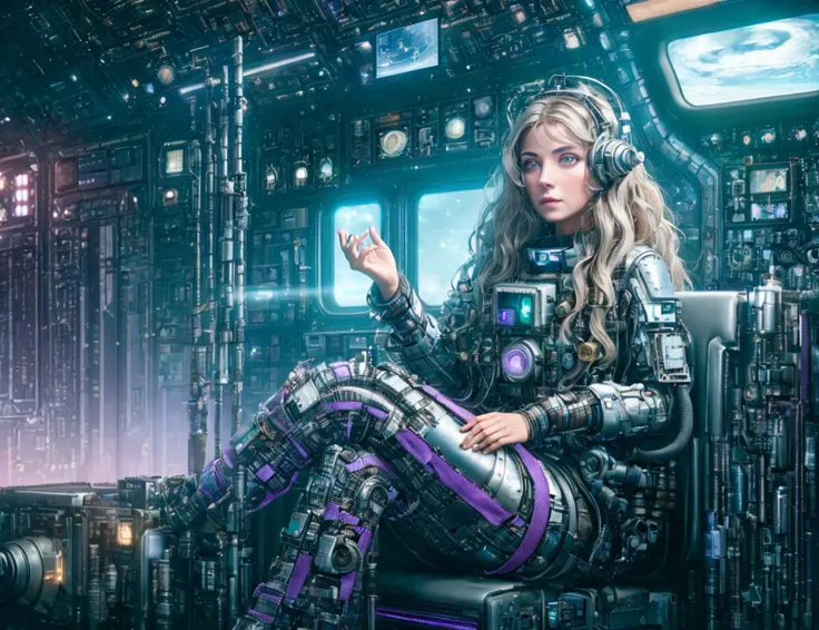 a woman in a futuristic suit sitting in a chair