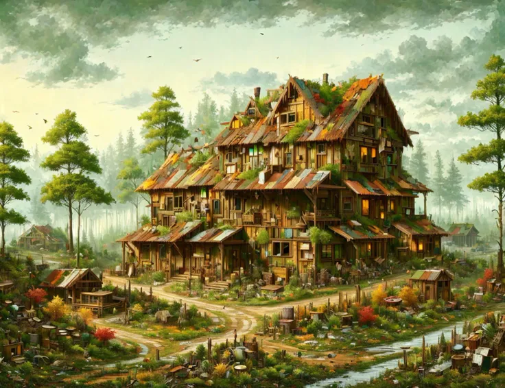 a painting of a house in the woods with a stream running through it