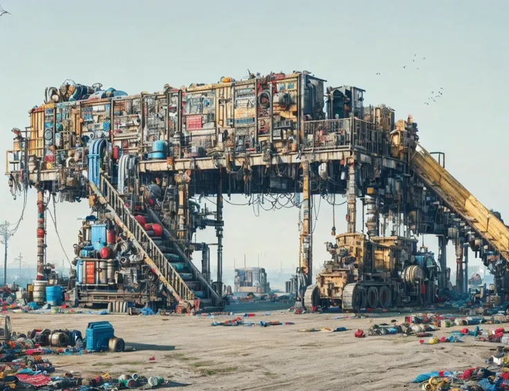 arafed structure with a crane and a pile of garbage in the foreground