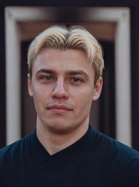 a close up of a man with blonde hair and a black shirt