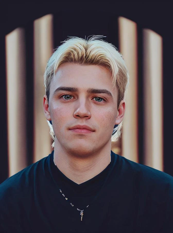 a close up of a person with a black shirt and a necklace