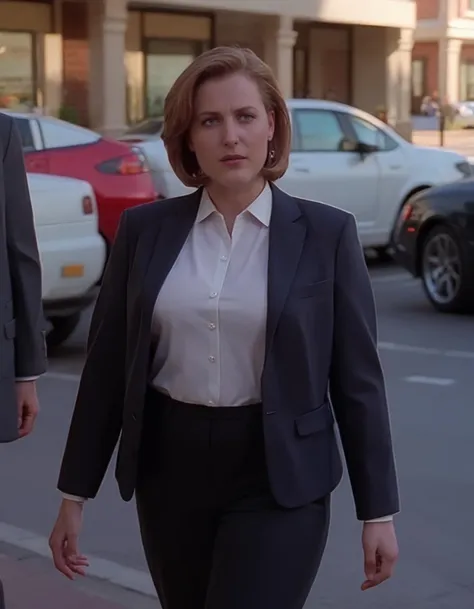 arafed woman in a business suit walking down a street