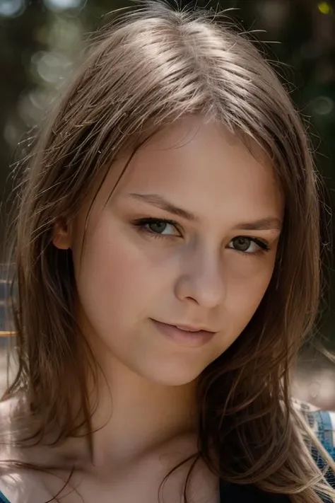 a close up of a young woman with long hair and a blue shirt