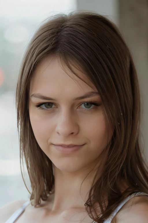 a close up of a woman with a white top and a cell phone