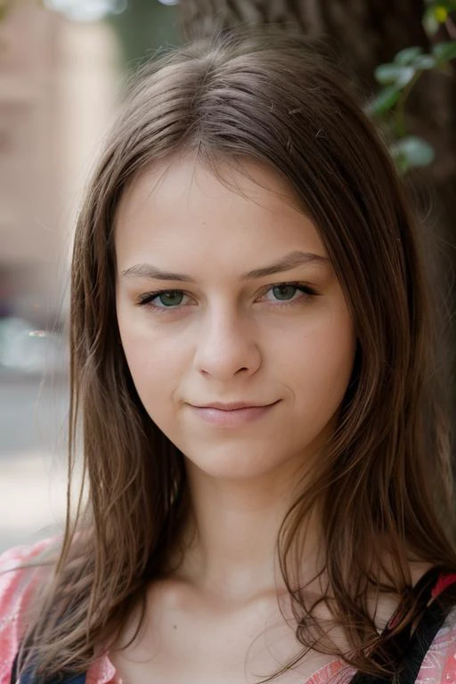 a close up of a young woman with a pink shirt and a black backpack