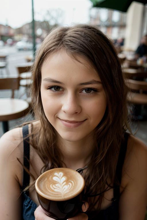 arafed woman holding a cup of coffee in a cafe