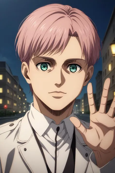 score_9, score_8_up, score_7_up, source_anime, rating_safe, intricate details, anime screencap, , , looking at viewer, depth of field, 1boy, male focus, teal eyes, pink hair, biker costume, solo, upper body, city, city lights, day, sunny, waving, distracte...