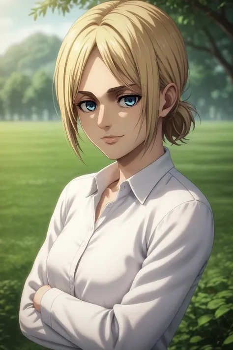 a woman with blonde hair and blue eyes standing in a field