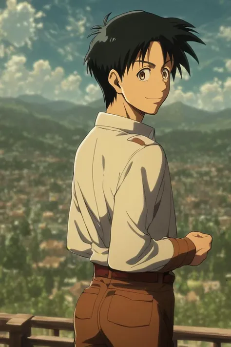 score_9, score_8_up, score_7_up, source_anime, rating_safe, , , , depth of field, 1boy, ash ketchum, pokemon, black hair, brown eyes, solo, rule of thirds, mountaintop city, dark, ass, naughty smile, <lora:shingeki_no_kyojin_style_pony:0.96>, shingeki_no_k...