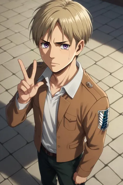 score_9, score_8_up, score_7_up, source_anime, rating_safe, intricate details, , , depth of field, 1boy, male focus, purple eyes, dirty blonde hair,, solo, from above, full body, fuji mountain, light, v, peace sign, tearing up, <lora:shingeki_no_kyojin_sty...