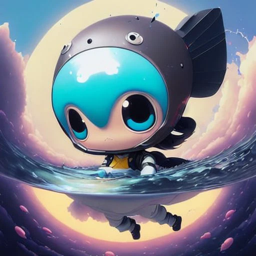 a cartoon character floating in the ocean with a fish on his head