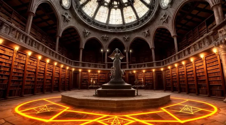 arafed image of a library with a clock and a statue