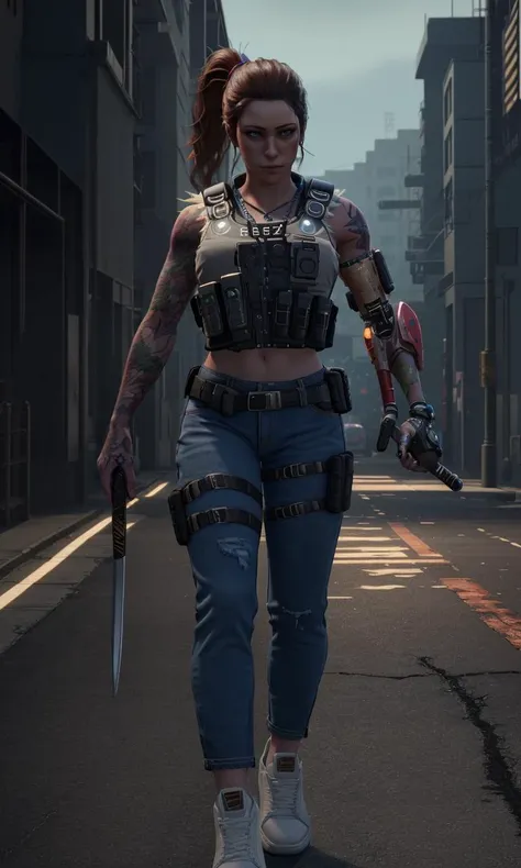 hannswd2024, full body, best quality, dramatic lighting, 1girl, cybernetic arm, jeans, sneakers, ponytail, tattoo, bulletproof vest, holding katana, thigh holster