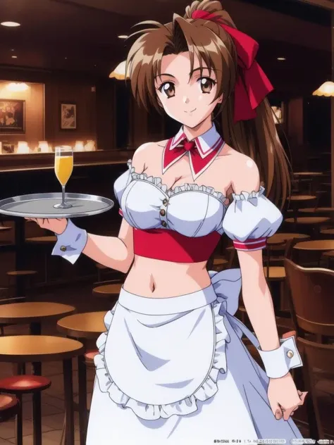 <lora:Kudanshita_Maeka:0.8>,kudanshitamaeka, 1girl, solo, waitress, brown hair, breasts, tray, cleavage, brown eyes, midriff, wrist cuffs, ribbon, smile, ponytail, navel, holding, detached collar, index finger raised, hair ribbon, bare shoulders, large bre...