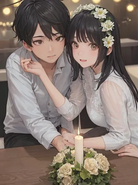 CR1, loving couple of a boy and a girl dating, he has side-apart black hair, random locations, random backgrounds, random faces, random eyes, random haircuts, random haircolors, random skin color, random skin tone, random nose type, random eyebrown, random...