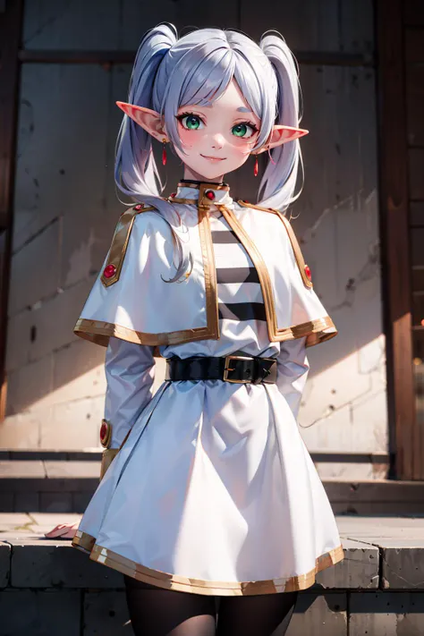 <lora:Beautiful_CAT_v3:0.8>, (masterpiece), best quality, high resolution, highly detailed, perfect lighting, aafrie, long hair, white hair, twintails, pointy ears, earrings, green eyes, thick eyebrows, white capelet, striped shirt, long sleeves, belt, whi...