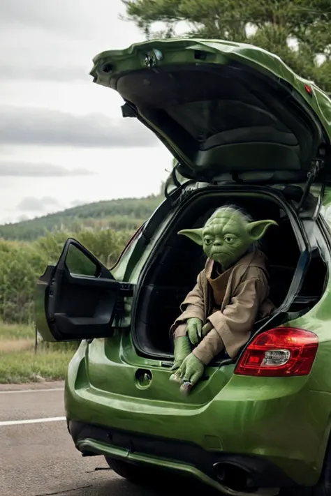 Yoda, realistic, <lora:Yoda:0.6>,sitting,  InTheTrunkSitting of a hatchback car, solo, looking at viewer, trunk, <lora:InTheTrunkSitting:0.65>, best quality