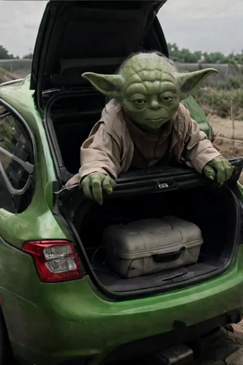 Yoda, realistic, <lora:Yoda:0.65>,sitting,  InTheTrunkSitting of a hatchback car, solo, looking at viewer, trunk, <lora:InTheTrunkSitting:0.65>, best quality