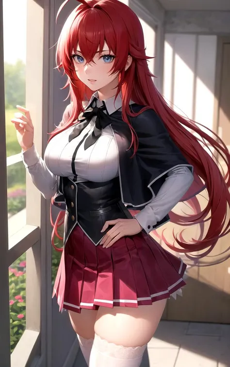 anime girl with red hair and a black jacket posing for a picture