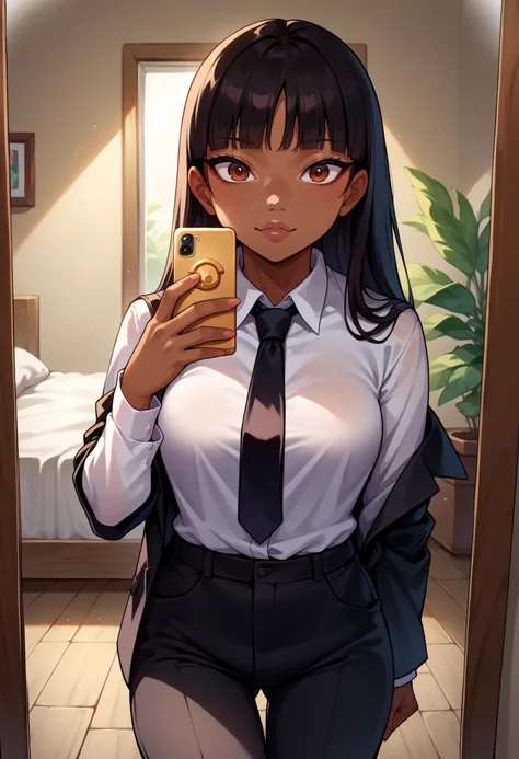 anime girl in a white shirt and black tie taking a selfie