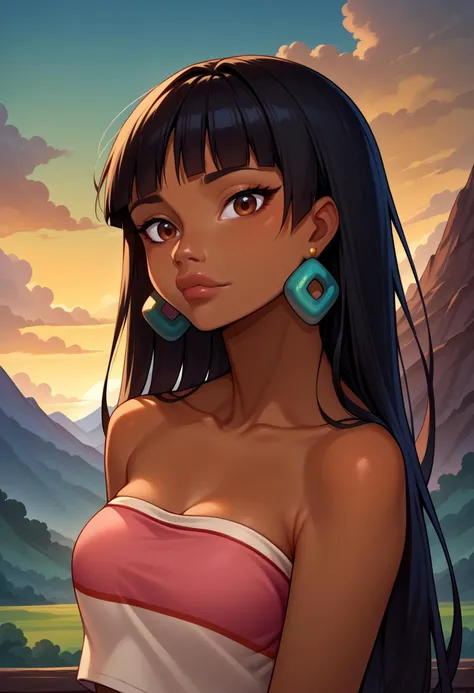 a cartoon girl with long black hair and big earrings