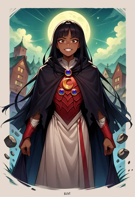 a woman in a cape and cloak standing in front of a full moon