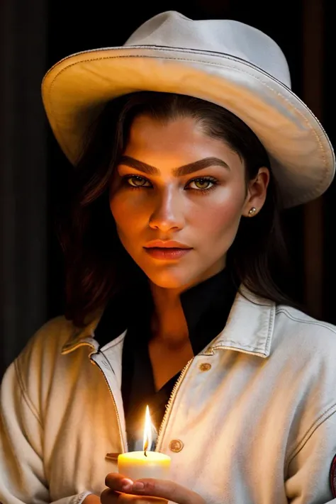 <lora:zendaya-01:1> z3nd4y4, 1girl, upper body,, Trucker Jacket, Old Postcard, Photomontage, asymmetry, Candlelight for a warm and intimate ambiance (Candlelight).