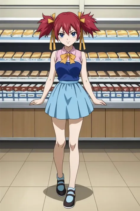 a woman in a blue dress standing in front of a store