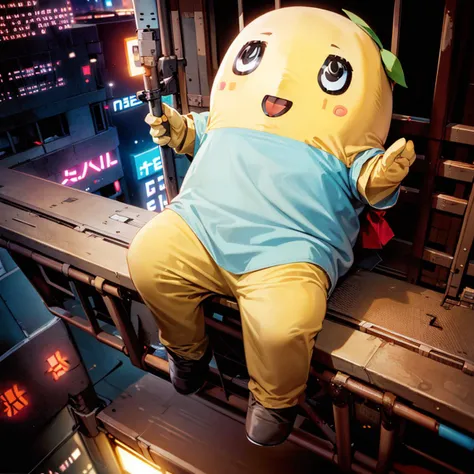 funassyi , sitting,   from above, cinematic lighting,  cyberpunk, city,  flare <lora:funassyi-i:0.8>