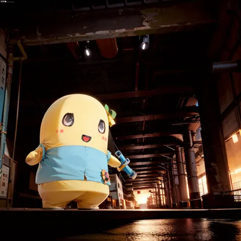 funassyi ,wide shot,  cinematic lighting,  night, cyberpunk, ultra high res, ultra detailed, factory, ruin, industrial pipe, <lo...